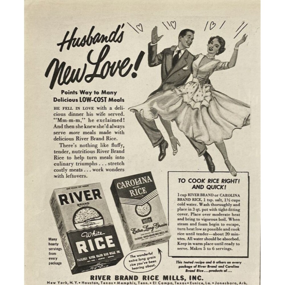 River Brand Rice Mills "Husbands New Love! & Low-Cost Meals"Vintage Print Ad '51
